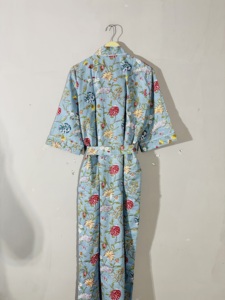 Bata Kimono de Algodón con Estampado Floral Azul Cielo para Mujer, Hecha a Mano, Ligera, con Cinturón - Product Image 5