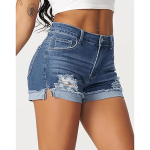Short en jean déchiré taille haute, délavage usé, ourlet effiloché, cinq poches, style décontracté, tissu en coton bleu - Product Image 2