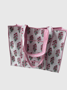 Sac fourre-tout en coton brodé de fleurs avec rayures roses, ouverture supérieure, sac de shopping pour femmes, utilisation toutes saisons - Product Image 2