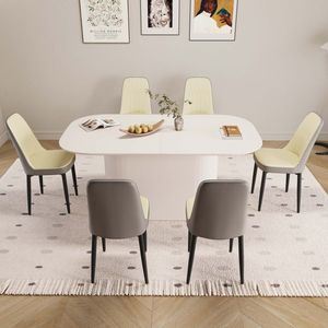 Tavolo da Pranzo in Stile Moderno Medievale da 63 Pollici in MDF Color Crema con Set di Sedie da Pranzo in PU, Piano Assemblabile e Gambe in Metallo Nero - Product Image 1