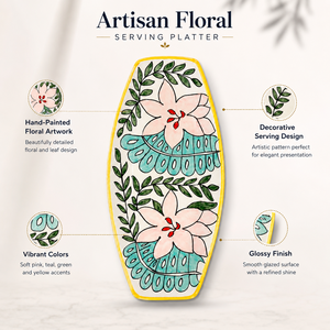 Hand Painted Ceramic Pottery Serving Tray Floral Design Decorative Platter for Snacks Appetizers Home Decor - Product Image 3