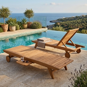 Chaise longue d'extérieur Prima en teck massif, finition naturelle, design moderne, plateau coulissant, dossier réglable, sans coussins, pour villa - Product Image 6