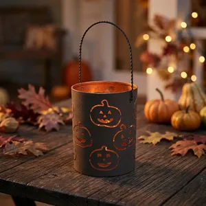 Lanterne en métal découpée Jack-O'-Lantern, silhouette de citrouille, porte-bougie d'Halloween, anthracite mat - Product Image 2