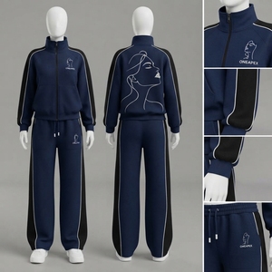 Conjunto Deportivo para Mujer, Sudadera con Capucha y Cremallera Azul Marino y Negro, Estampado Minimalista, Pantalones Jogger Oversize con Bloques de Color - Product Image 2