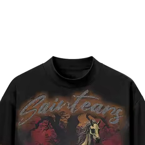 Camiseta Corta Personalizada para Hombre, 100% Algodón Lavado, Estilo Urbano con Diseño de Apliques, Hombros Caídos, Estilo Gráfico - Product Image 2