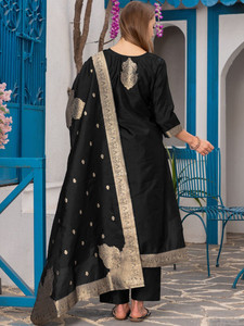 Black Silk Blend Gold Print Quick Dry <b>Kurta</b> Set Dupatta Traditional Indian <b>Women</b> Wedding Wear Knee-Length Regular Fit - Product Image 6