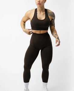 Conjunto de Yoga de 2 Piezas para Mujer, Color Negro, con Tirantes Cruzados, Cintura Media, Leggings Largos, Cierre Frontal, Transpirable, Sin Costuras, Spandex - Product Image 1