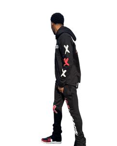 Conjunto de sudaderas con capucha recortadas con bordes crudos al por mayor, chándales para hombre con estampado abullonado, chándal apilado personalizado, conjunto de pantalones de chándal acampanados y Sudadera con capucha - Product Image 4