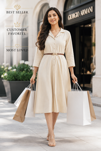 Vestido Camisero de Lino para Mujer, Maxi, Manga Tres Cuartos, Cuello Camisero, Dobladillo Acampanado, Corte Holgado con Cinturón, Estilo Casual para Primavera - Product Image 6
