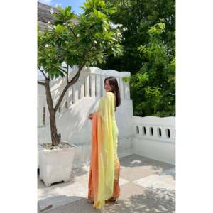 Sari de Chifón Verde Arcoíris sin Mangas, Étnico, Moderno, para Mujeres de India y Pakistán, Disponible en Todas las Temporadas, para Fiestas, Bodas y Eventos - Product Image 3