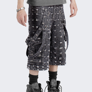 Shorts cargo imprimés noirs pour hommes avec plusieurs poches, taille mi-haute, fermeture élastique, style streetwear - Product Image 4