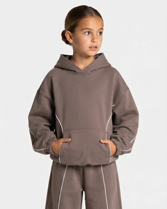 Ensemble survêtement pour filles, sweat-shirt et pantalon de survêtement oversize en coton doux, couleur moka contrastée, fabrication OEM - Product Image 3