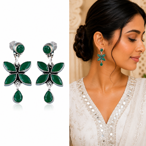 Wholesale <b>Oxidized</b> Silver Green Onyx Flower Dangle Earrings Handmade Boho Jewelry Manufacturer Supplier - Product Image 1