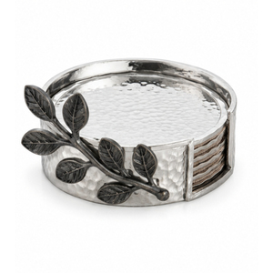 Ensemble de sous-verres en métal martelé avec support décoratif en forme de feuille, sous-verres ronds en acier inoxydable pour la table des hôtels et des restaurants - Product Image 1
