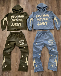 Zip up Hoodie Raw Edge Cropped Applique Embroidery Hoodies and Sweatpants Set Acid Washed Tracksuit <b>for</b> Men - Product Image 1