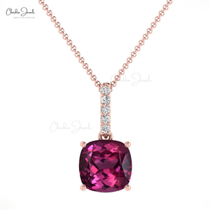 Modern Design 6mm Cushion Cut Rhodolite Garnet & 1mm Pave Diamond Dangling <b>Pendant</b> in 14K <b>Solid</b> <b>Gold</b> Hallmarked <b>Pendant</b> Jewelry - Product Image 1