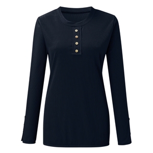 Women's Cotton Ribbed Henley T Shirt Long Sleeve Button Front Knitted Tee Casual Regular Fit Breathable Custom Logo - Product Image 1