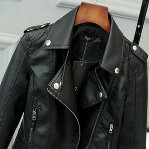 Chaqueta de Moto de Cuero PU para Mujer, Cuello Camisero, Cierre de Cremallera, Manga Larga, Color Sólido, Otoño, Largo Regular - Product Image 4