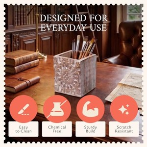 Porte-crayons artisanal en bois de manguier - Organisateur de bureau sculpté de style scandinave - Vente en gros - Product Image 6
