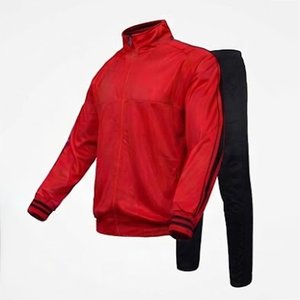 Custom Men's Red Track Jacket And Black Jogger Pant Set Solid Color Sporty Autumn Wear Knitted Polyester Breathable Stand Collar - Product Image 3