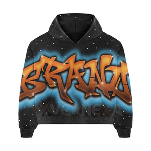 Survêtement personnalisé épais délavé à l'acide avec strass, style vintage, coupe oversize et carrée, comprenant un sweat à capuche et un pantalon évasé ample avec motif graphique airbrush délavé soleil - Product Image 4