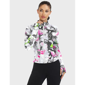 Women's Three Quarter Sleeve Ribbed Printed Yoga <b>Jacket</b> Stand Neck Zipper Fly Breathable Reflective Spandex Polyester Sport Top - Product Image 2