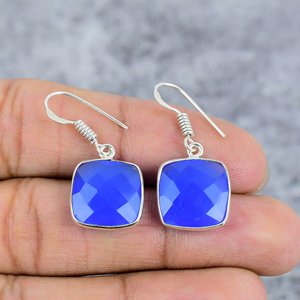 925 <b>Sterling</b> <b>Silver</b> Women Blue Chalcedony Cushion Cut Gemstone Bezel <b>Silver</b> Drop Earrings Trendy Engagement Party Gift Everyday - Product Image 1