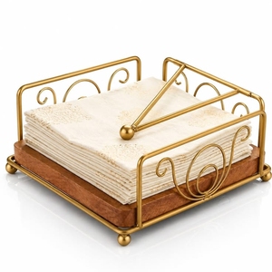 Wholesale Luxury Gold Metal Napkin Holder with Solid Wooden Base Flat Square Tissue <b>Stand</b> Outdoor <b>Weighted</b> Arm Tissue Dispenser - Product Image 3
