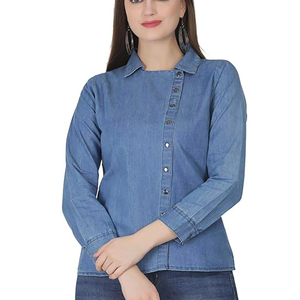 Camisas de Mezclilla de Algodón Orgánico para Mujer, Corte Casual, Manga Raglán con Botones, Cuello Camisero, Prenda Exterior Suave para Todas las Temporadas, Novedad 2026 - Product Image 4