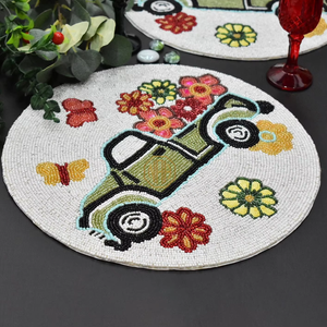 Set de dessous-de-plat perlés motif camion fleuri vintage, vert, style ferme, pour table de repas, décoration de table printanière, B2B en gros - Product Image 6