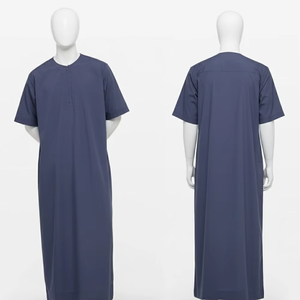 Wholesale Premium Cotton Stand Collar Modest <b>Men's</b> Loose Fit <b>Thobe</b> Islamic Eid Plus Size Floor Length Short Sleeve Quick Dry - Product Image 5