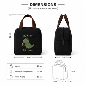 Bolsa de Almuerzo de Lona Negra Amani con Diseño de Dinosaurio, Texto Be Kind Be You, Asa Superior, Cierre de Cremallera, Tamaño Mediano para Viaje - Product Image 2