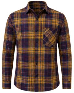 Manufacturer Custom Mustard Purple Plaid Men Casual Flannel Shirt Slim Fit Button Down Long Sleeve Cotton <b>Checkered</b> Fashion <b>Top</b> - Product Image 3
