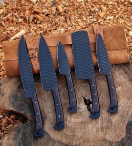 LEGACY BLADES 5-Piece Handmade Damascus Steel <b>Knife</b> <b>Set</b> Black Coated Straight Edge Wooden Handle Ambidextrous Design - Product Image 1