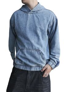เสื้อฮู้ดยีนส์เดนิมผู้ชายขายดี สีน้ำเงินวินเทจ แบบสวมหัว มีกระเป๋าจิงโจ้ ปักโลโก้ได้ ผ้าฝ้าย 100% - Product Image 3