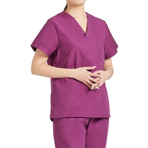 Women's Coral V-Neck <b>Scrub</b> <b>Set</b> With Pockets Knitted Cotton Polyester Hospital Uniforms Short Sleeve Pants - Product Image 5