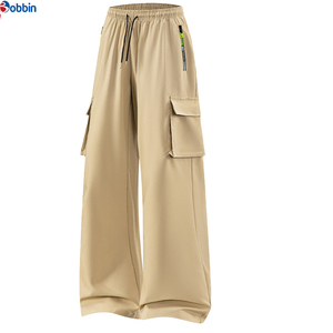 Top Trending Customized Men's Wide Leg Cargo Pants Elastic Waist Drawstring Lightweight Summer Casual <b>Trousers</b> Multiple Pockets - Product Image 3