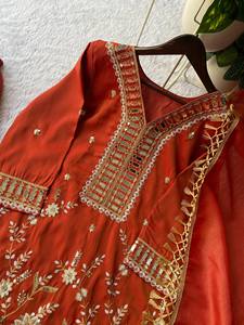 <b>Red</b> <b>Silk</b> Traditional Indian Pakistani Wedding Dress With Mirror Embroidery And Tassels Floor Length Women's Formal Attire - Product Image 6