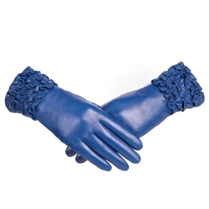 ถุงมือหนังสีน้ำเงินวินเทจยาวถึงข้อมือพร้อมปลายแขนจับจีบสำหรับงานปาร์ตี้ฤดูใบไม้ผลิฤดูใบไม้ร่วงไม่บุซับใน - Product Image 4