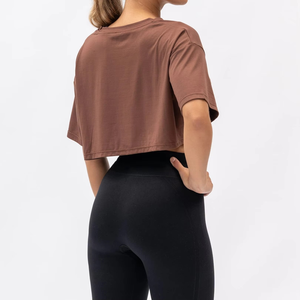 Camiseta Corta Personalizada para Mujer, Color Marrón, Algodón, Corte Ajustado, Manga Corta, Lisa, Informal, para Gimnasio, Verano, Satinada - Product Image 4