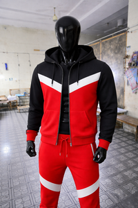Men’s Red Black Contrast Hoodie Tracksuit Set with <b>Zip</b> <b>Up</b> <b>Jacket</b> and Slim Fit Jogger Pants Casual Sportswear Outfit - Product Image 6