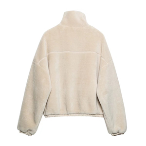 Abrigo de invierno grueso para mujer, color crema, de piel sintética, con cremallera, cuello alto, hombros caídos, bolsillos con parche. - Product Image 2