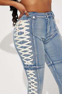 Lace Wide Leg Breathable Casual Women Mid Waist Baggy Denim Flared Leg <b>Jeans</b> Patchwork Detail Light Wash - Product Image 5