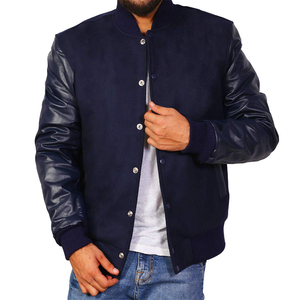 Customize Logo Unisex Leather Sleeve Geometric Pattern Stand Collar 100% Wool Breathable Varsity <b>Jacket</b> - Product Image 3