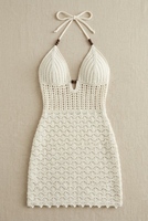 Robe mini blanche en crochet faite main avec motif en dentelle et dos à nouer, taille empire illusion, pour les vacances d'été