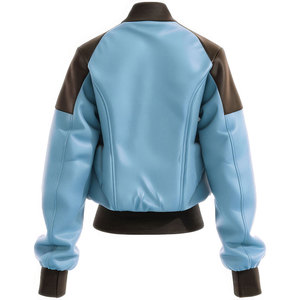 <b>Women's</b> Light Blue PU <b>Leather</b> <b>Bomber</b> <b>Jacket</b> With Brown Contrast Color Full Sleeve Zipper Closure Autumn Windproof Style - Product Image 3