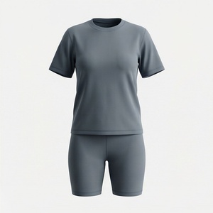 Conjunto Deportivo de 2 Piezas para Mujer, Camiseta de Manga Corta y Pantalones Cortos por Encima de la Rodilla, Color Gris Sólido, Tejido de Secado Rápido - Product Image 1