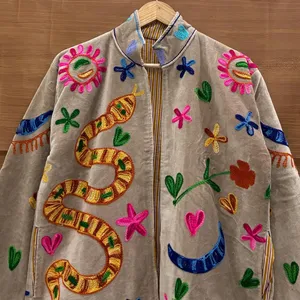 Luxury Khaki <b>Velvet</b> Embroidered Suzani <b>Jacket</b> With Snake Floral Pattern Full Sleeve Stand Collar Handmade Bohemian Winter Coat - Product Image 3