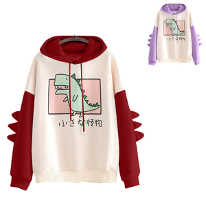 Sweat-shirt unisexe à motif de dinosaure mignon, style coréen, avec empiècements, à capuche, manches longues, décontracté, printemps, écologique, respirant, 100% coton - Product Image 1