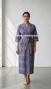 Exquisite Flock Print Indigo Cotton Summer Casual Knitted Robe Ankle <b>Length</b> <b>Dressing</b> <b>Gown</b> 100% Premium Soft Cotton Kimono - Product Image 5